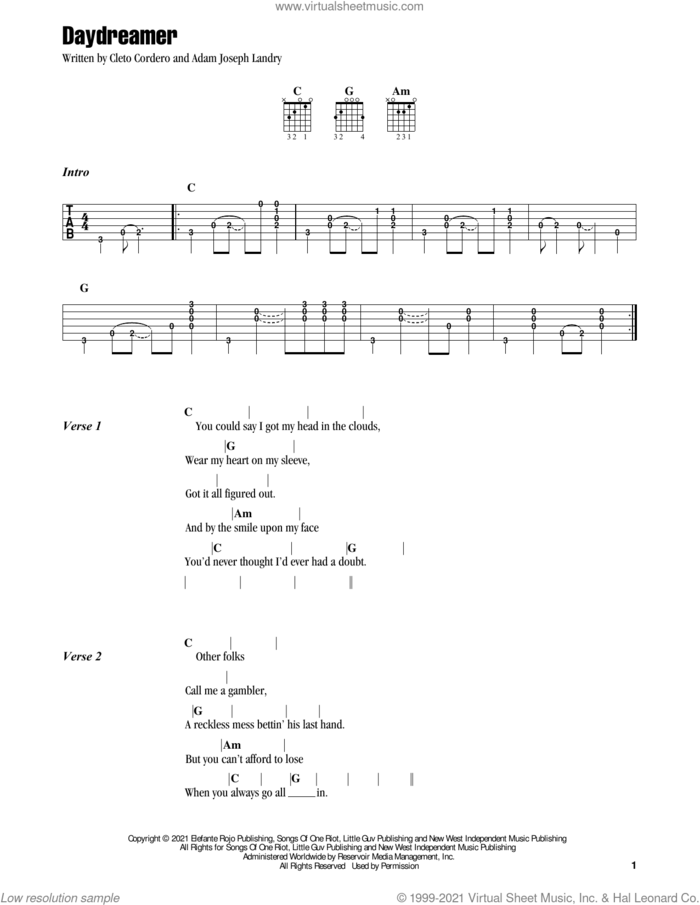Daydreamer sheet music for guitar (chords) by Flatland Cavalry, Adam Joseph Landry and Cleto Cordero, intermediate skill level
