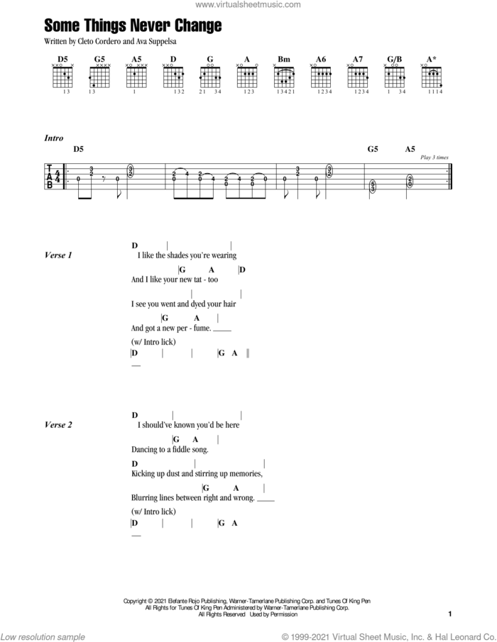Some Things Never Change sheet music for guitar (chords) by Flatland Cavalry, Ava Suppelsa and Cleto Cordero, intermediate skill level