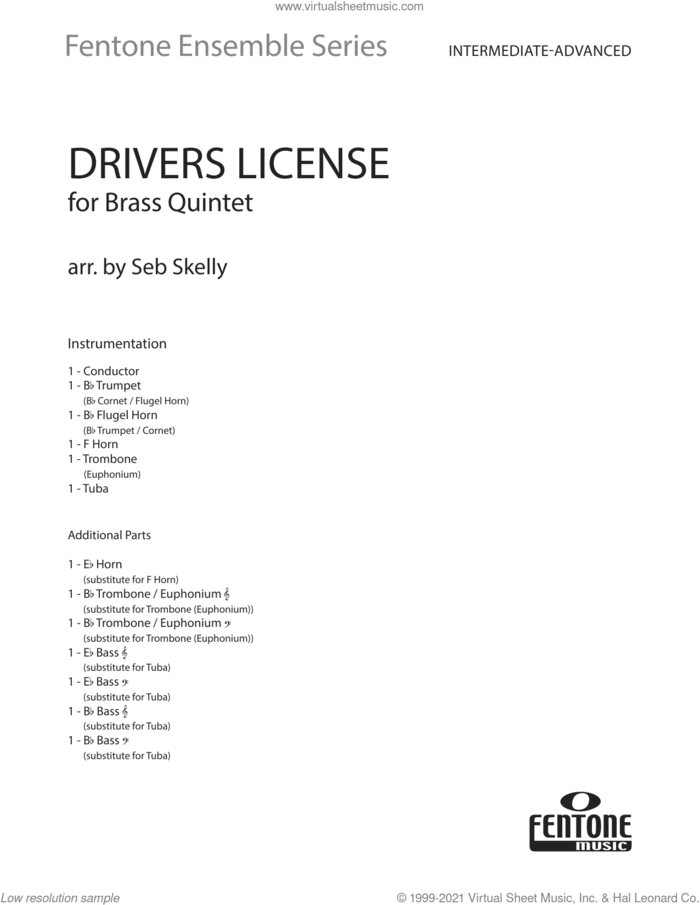 Drivers License (for Brass Quintet) (arr. Seb Skelly) (COMPLETE) sheet music for brass quintet by Olivia Rodrigo, Daniel Nigro and Seb Skelly, intermediate skill level