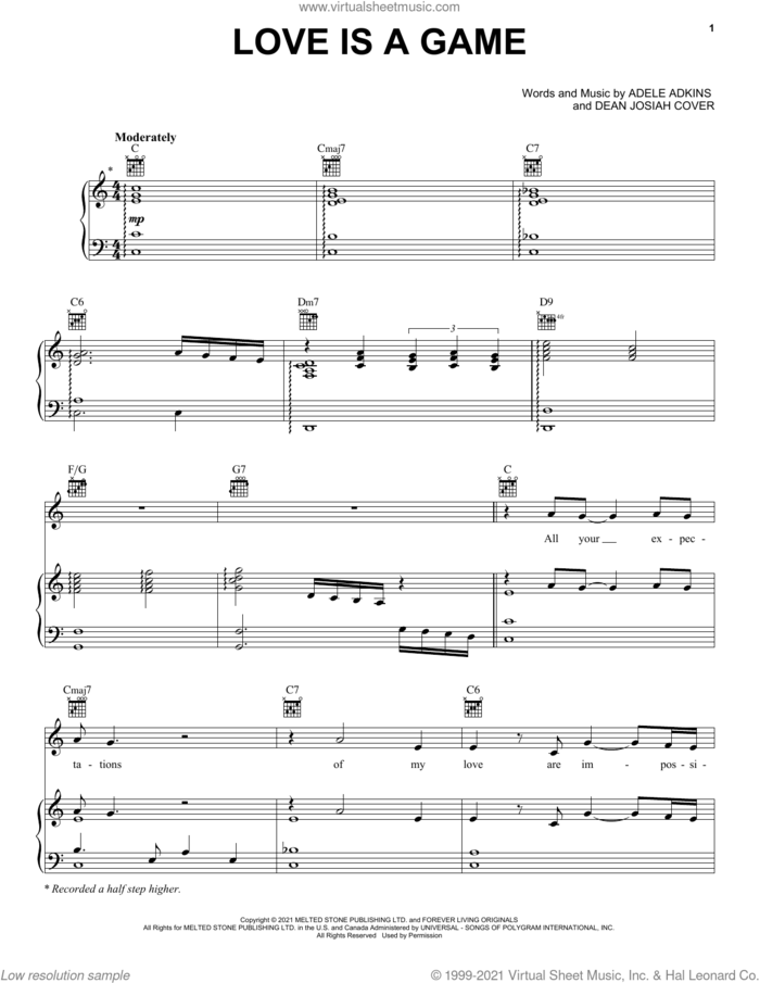 Love Is A Game sheet music for voice, piano or guitar by Adele, Adele Adkins and Dean Josiah Cover, intermediate skill level