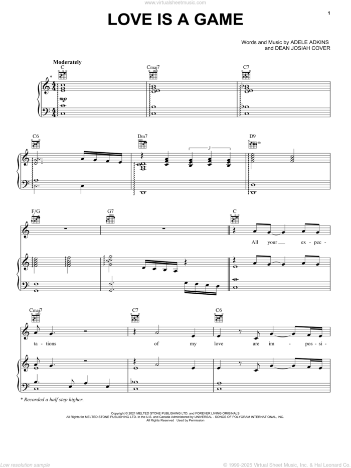 Love Is A Game sheet music for voice, piano or guitar by Adele, Adele Adkins and Dean Josiah Cover, intermediate skill level