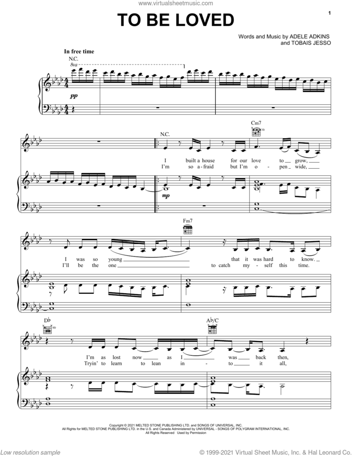 To Be Loved sheet music for voice, piano or guitar by Adele, Adele Adkins and Tobias Jesso, intermediate skill level