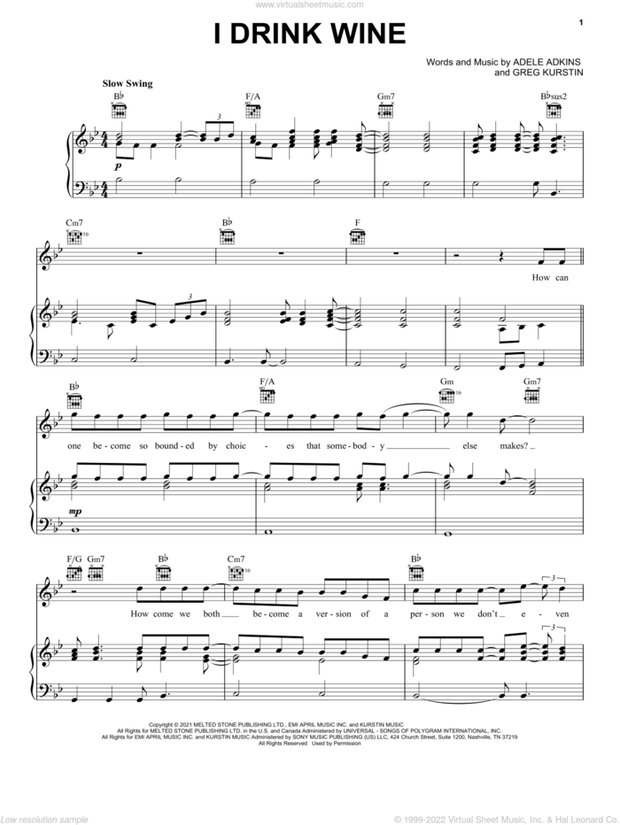 I Drink Wine sheet music for voice, piano or guitar by Adele, Adele Adkins and Greg Kurstin, intermediate skill level