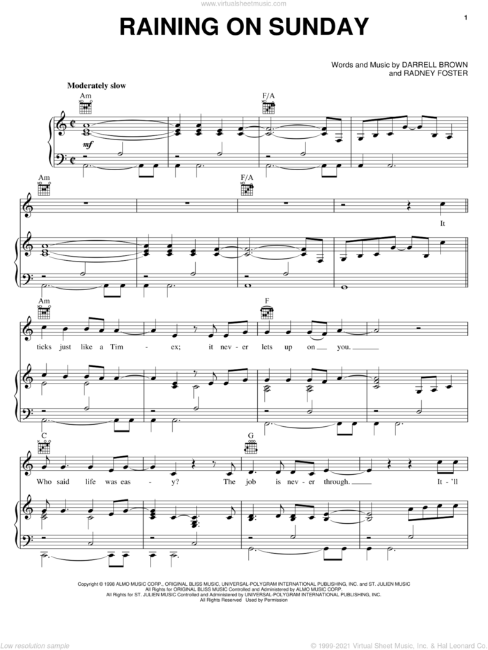 Raining On Sunday sheet music for voice, piano or guitar by Keith Urban, Darrell Brown and Radney Foster, intermediate skill level