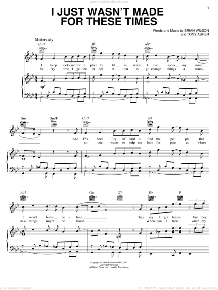 I Just Wasn't Made For These Times sheet music for voice, piano or guitar by The Beach Boys, Brian Wilson and Tony Asher, intermediate skill level