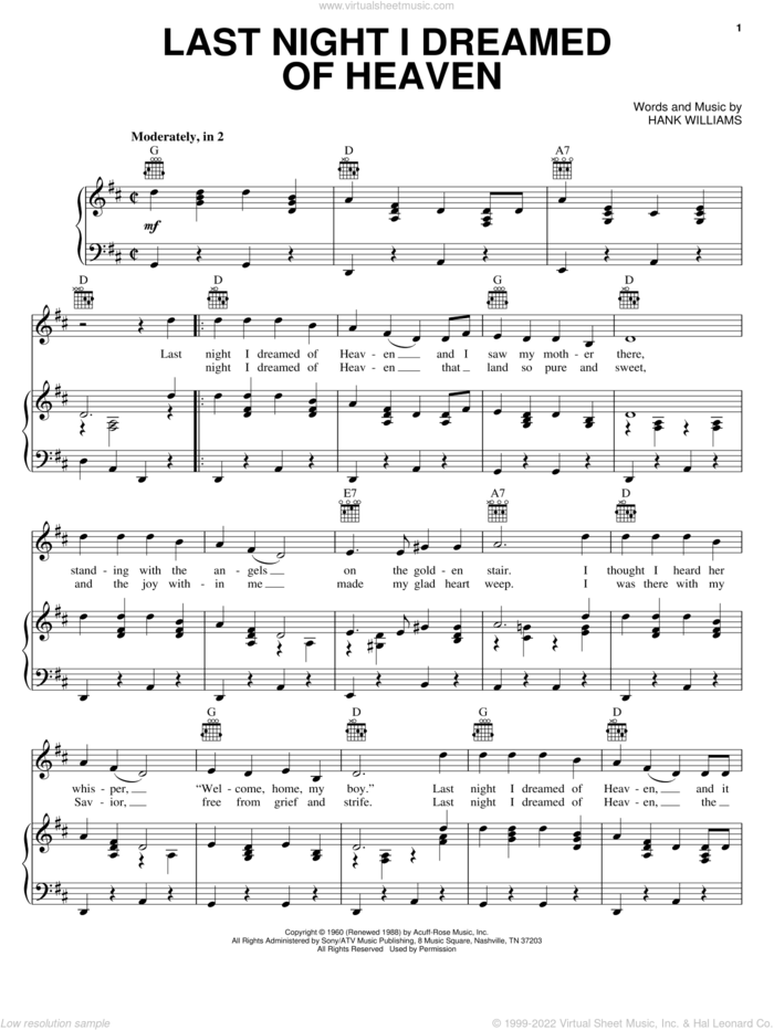 Last Night I Dreamed Of Heaven sheet music for voice, piano or guitar by Hank Williams, intermediate skill level