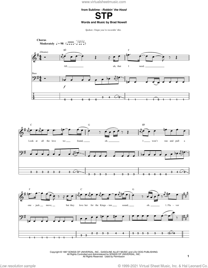STP sheet music for bass (tablature) (bass guitar) by Sublime and Brad Nowell, intermediate skill level