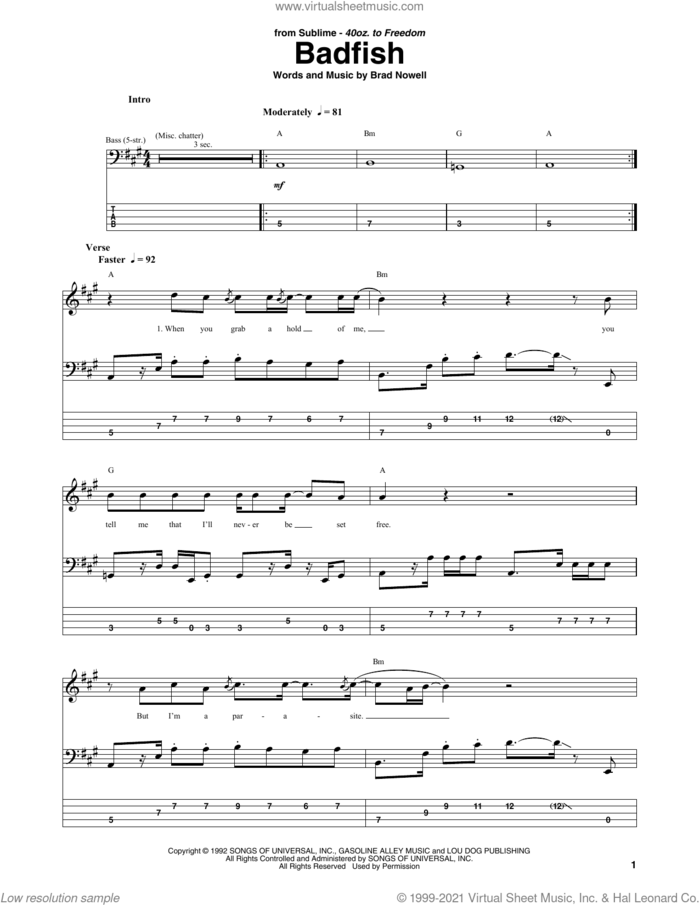 Badfish sheet music for bass (tablature) (bass guitar) by Sublime and Brad Nowell, intermediate skill level