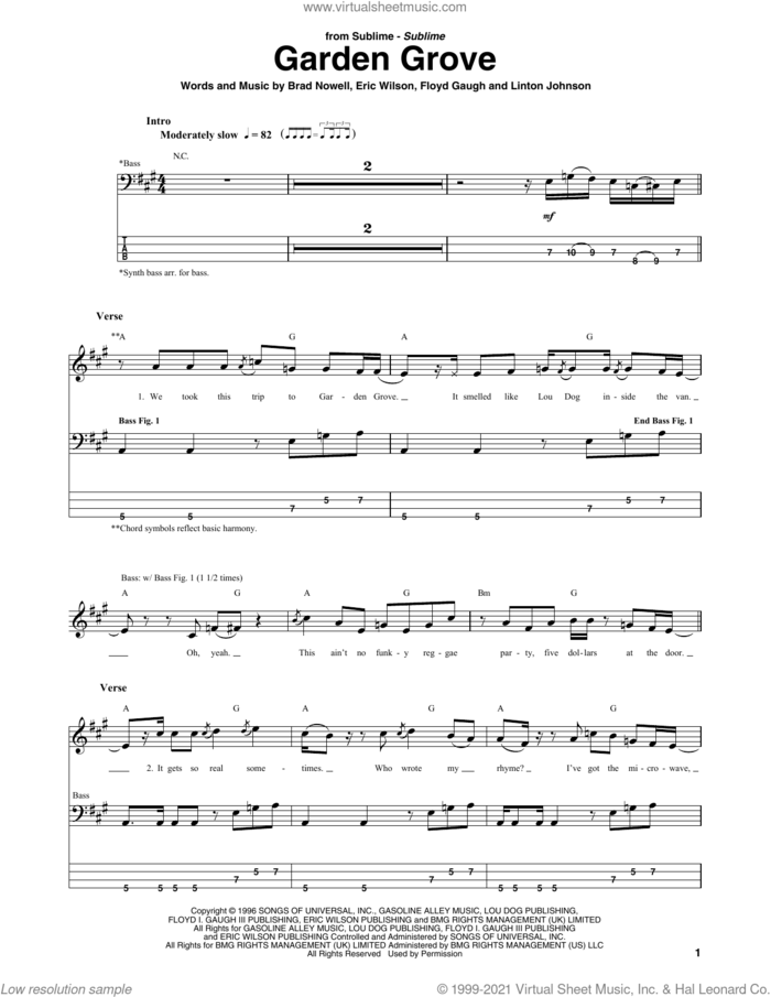 Garden Grove sheet music for bass (tablature) (bass guitar) by Sublime, Brad Nowell, Eric Wilson, Floyd Gaugh and Linton Johnson, intermediate skill level