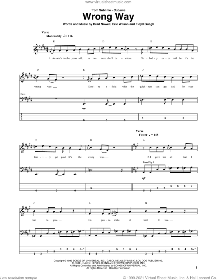 Wrong Way sheet music for bass (tablature) (bass guitar) by Sublime, Brad Nowell, Eric Wilson and Floyd Gaugh, intermediate skill level