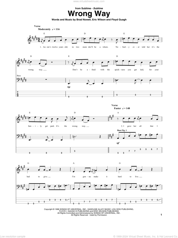 Wrong Way sheet music for bass (tablature) (bass guitar) by Sublime, Brad Nowell, Eric Wilson and Floyd Gaugh, intermediate skill level