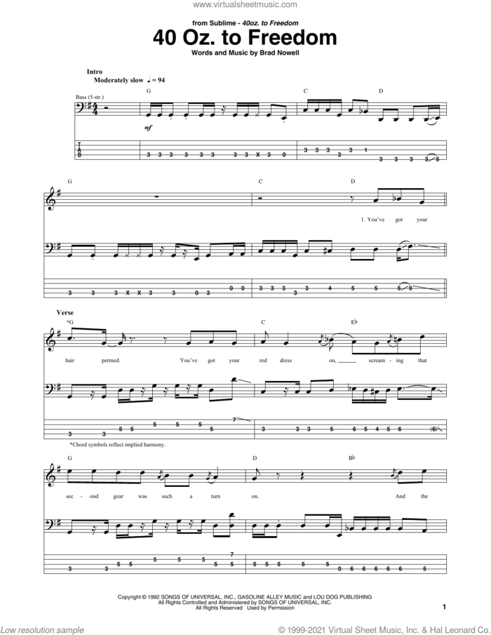 40 Oz. To Freedom sheet music for bass (tablature) (bass guitar) by Sublime and Brad Nowell, intermediate skill level