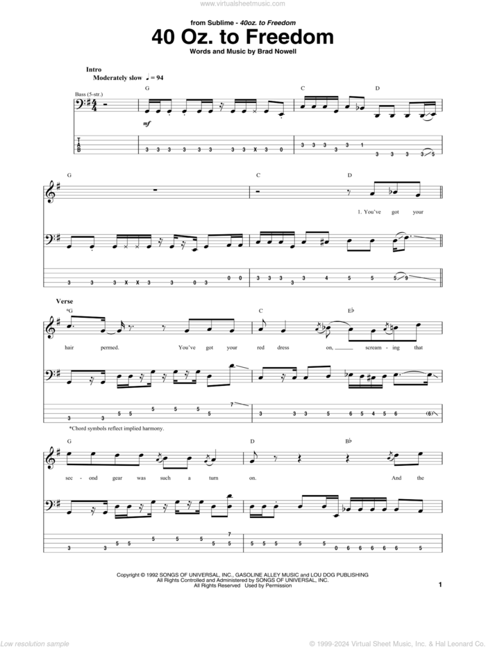 40 Oz. To Freedom sheet music for bass (tablature) (bass guitar) by Sublime and Brad Nowell, intermediate skill level