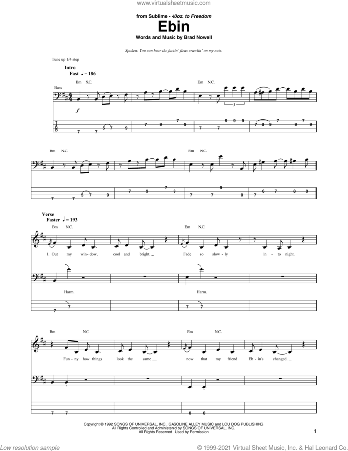 Ebin sheet music for bass (tablature) (bass guitar) by Sublime and Brad Nowell, intermediate skill level