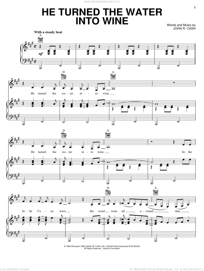 He Turned The Water Into Wine sheet music for voice, piano or guitar by Johnny Cash, intermediate skill level