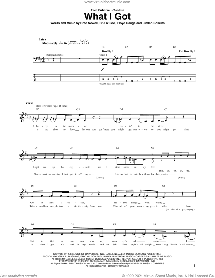What I Got sheet music for bass (tablature) (bass guitar) by Sublime, Brad Nowell, Eric Wilson, Floyd Gaugh and Lindon Roberts, intermediate skill level