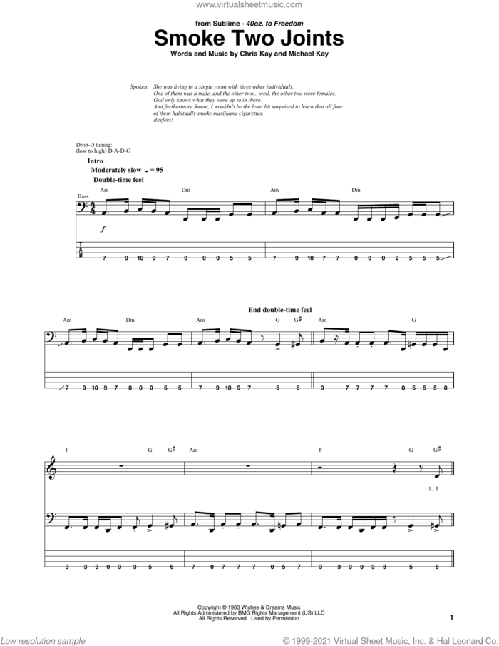 Smoke Two Joints sheet music for bass (tablature) (bass guitar) by Sublime, Chris Kay and Michael Kay, intermediate skill level
