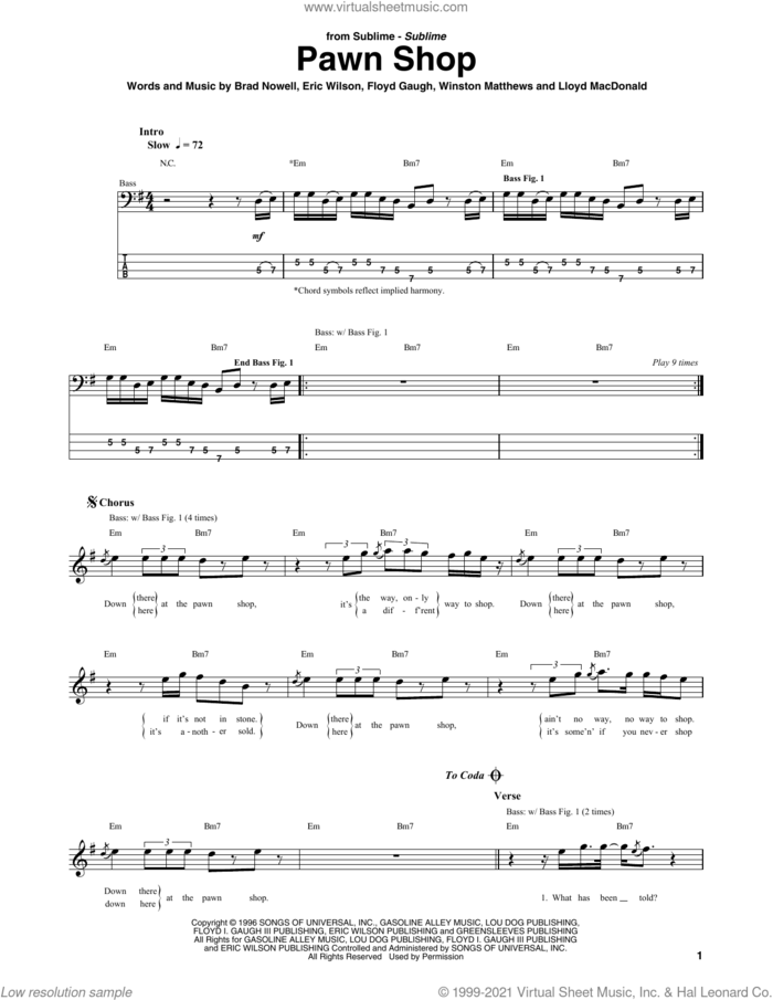 Pawn Shop sheet music for bass (tablature) (bass guitar) by Sublime, Brad Nowell, Eric Wilson and Floyd Gaugh, intermediate skill level