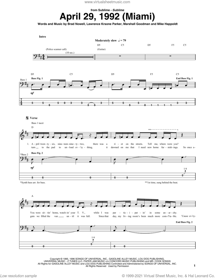 April 29, 1992 (Miami) sheet music for bass (tablature) (bass guitar) by Sublime, Brad Nowell, Lawrence Krsone Parker, Marshall Goodman and Mike Happoldt, intermediate skill level