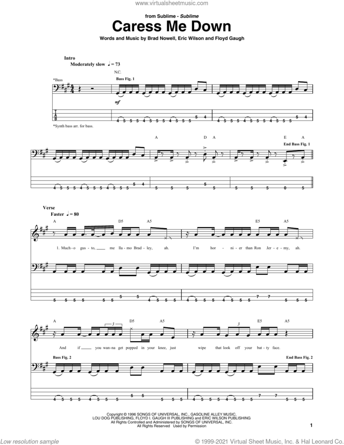 Caress Me Down sheet music for bass (tablature) (bass guitar) by Sublime, Brad Nowell, Eric Wilson and Floyd Gaugh, intermediate skill level