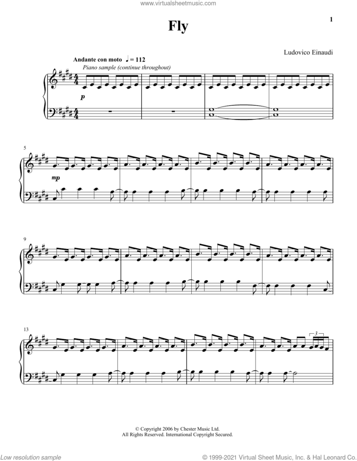 Fly sheet music for piano solo by Ludovico Einaudi, classical score, intermediate skill level