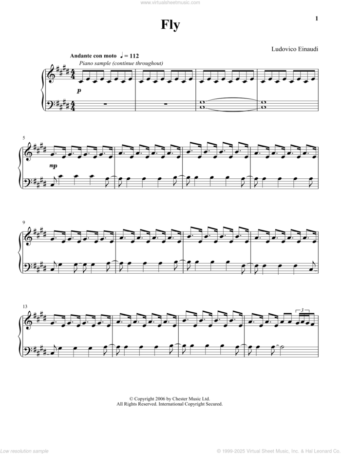 Fly sheet music for piano solo by Ludovico Einaudi, classical score, intermediate skill level