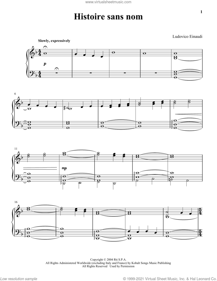Histoire Sans Nom sheet music for piano solo by Ludovico Einaudi, classical score, intermediate skill level