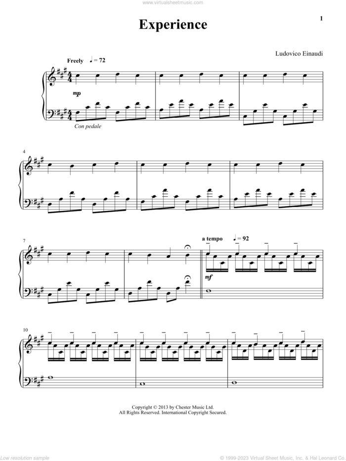 Experience sheet music for piano solo by Ludovico Einaudi, classical score, intermediate skill level