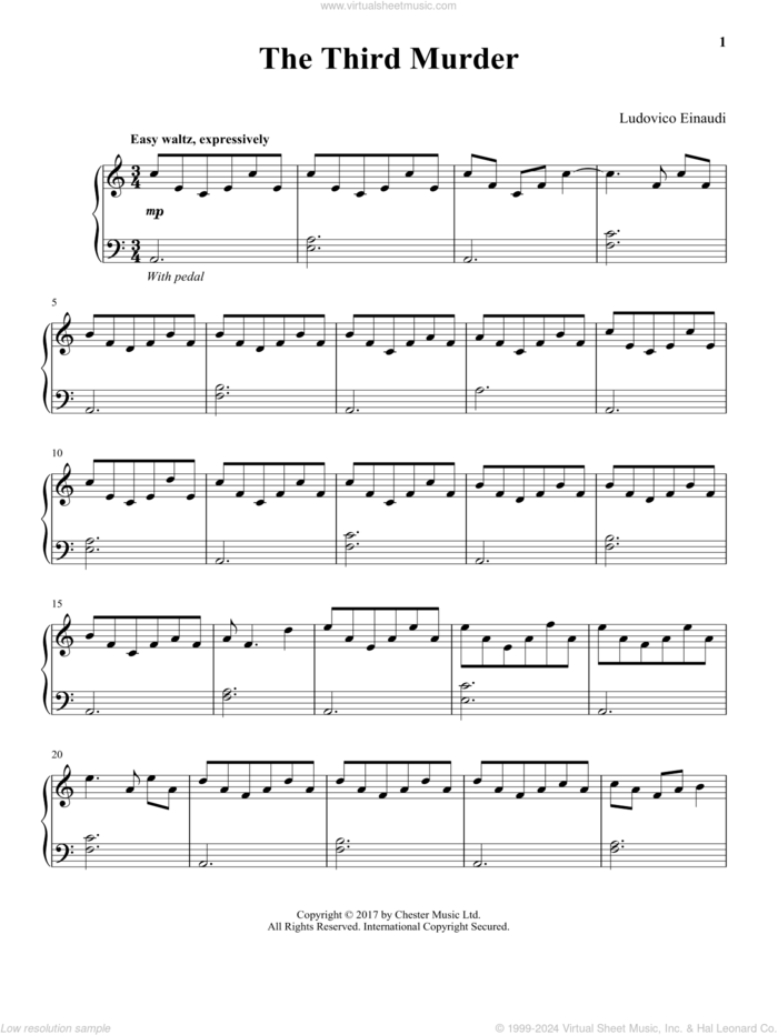 The Third Murder sheet music for piano solo by Ludovico Einaudi, classical score, intermediate skill level