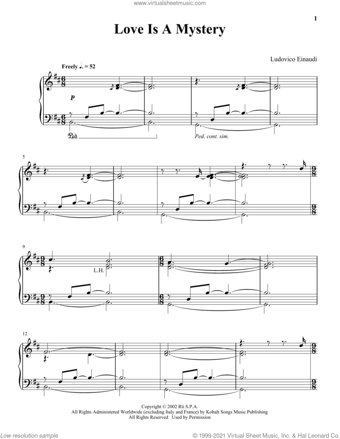 Love Is A Mystery sheet music for piano solo by Ludovico Einaudi, classical score, intermediate skill level