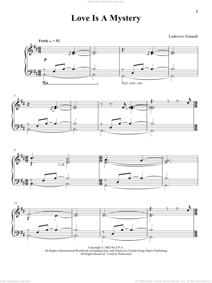 Love Is A Mystery sheet music for piano solo by Ludovico Einaudi, classical score, intermediate skill level