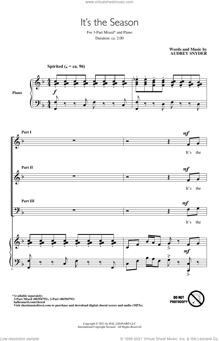 It's The Season sheet music for choir (3-Part Mixed) by Audrey Snyder, intermediate skill level