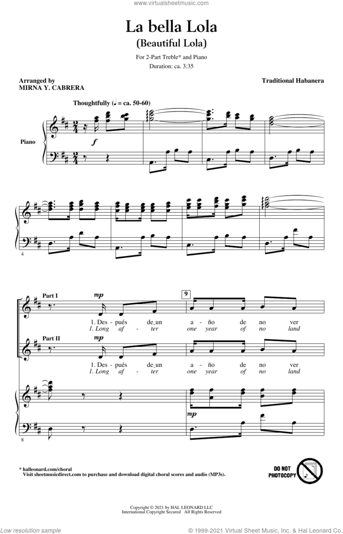 La Bella Lola (Beautiful Lola) (arr. Mirna Y. Cabrera) sheet music for choir (2-Part) by Traditional Habanera and Mirna Y. Cabrera, intermediate duet