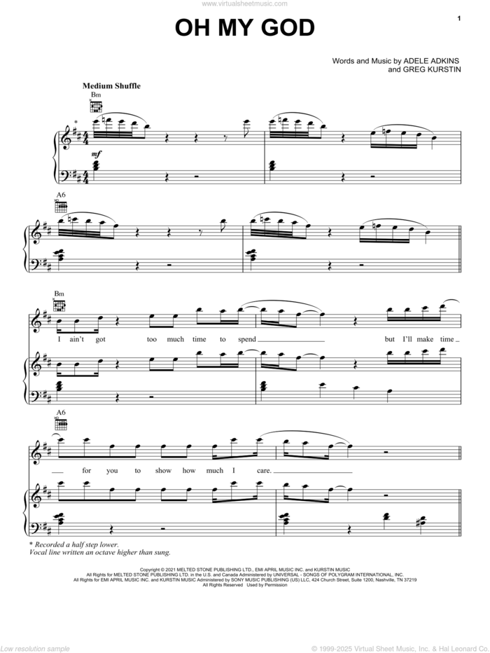 Oh My God sheet music for voice, piano or guitar by Adele, Adele Adkins and Greg Kurstin, intermediate skill level