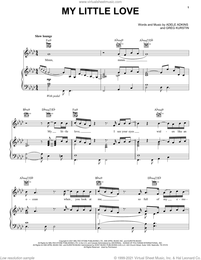 My Little Love sheet music for voice, piano or guitar by Adele, Adele Adkins and Greg Kurstin, intermediate skill level