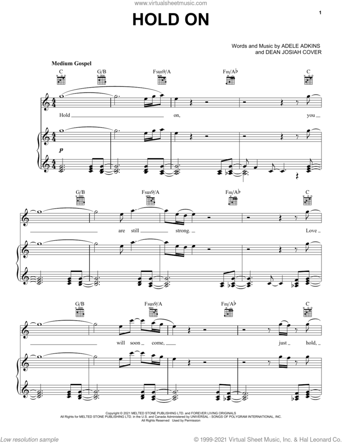 Hold On sheet music for voice, piano or guitar by Adele, Adele Adkins and Dean Josiah Cover, intermediate skill level