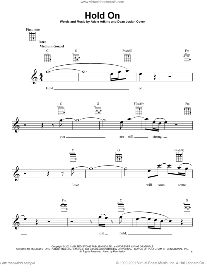 Hold On sheet music for ukulele by Adele, Adele Adkins and Dean Josiah Cover, intermediate skill level