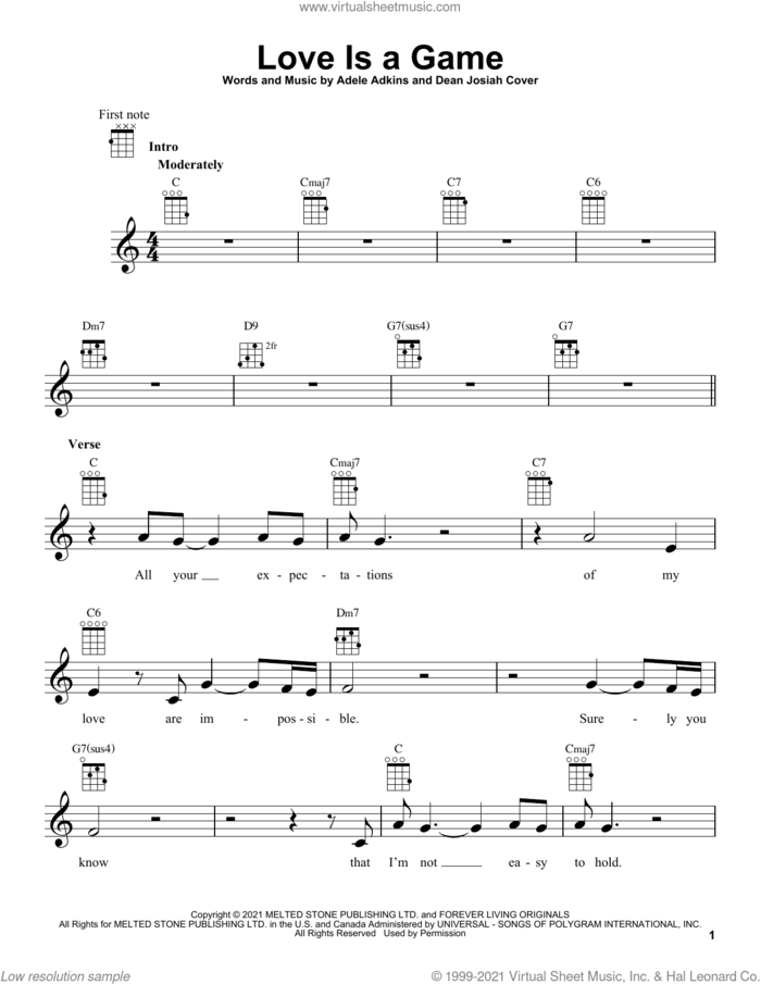 Love Is A Game sheet music for ukulele by Adele, Adele Adkins and Dean Josiah Cover, intermediate skill level