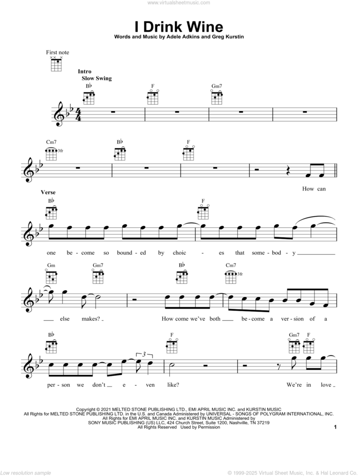 I Drink Wine sheet music for ukulele by Adele, Adele Adkins and Greg Kurstin, intermediate skill level