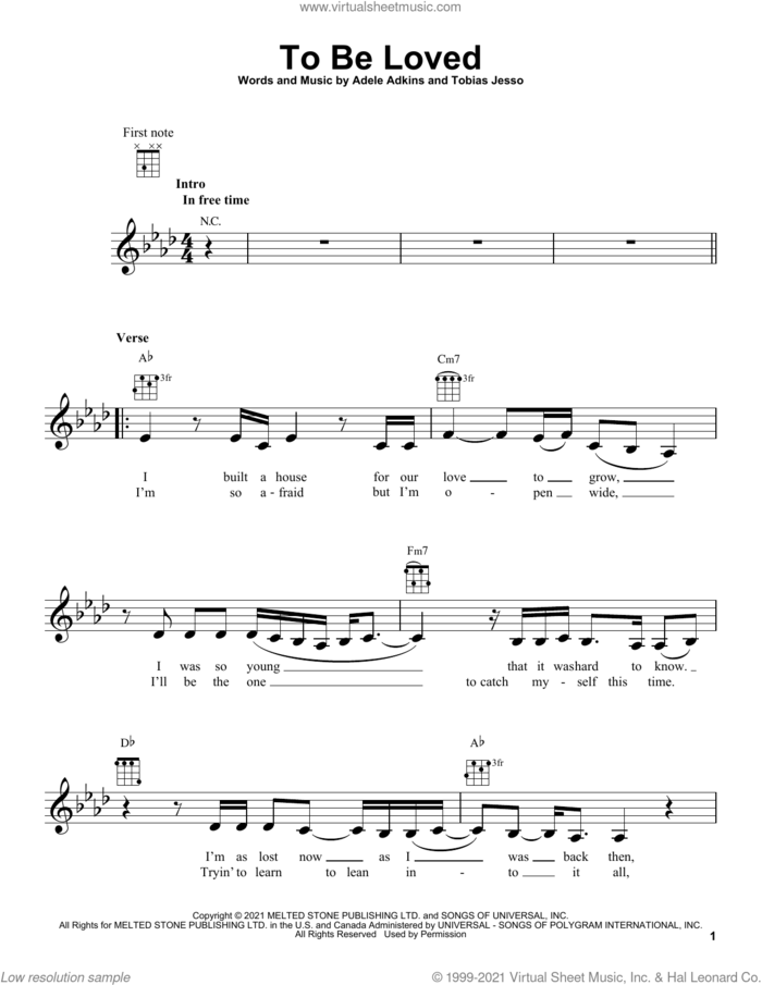 To Be Loved sheet music for ukulele by Adele, Adele Adkins and Tobias Jesso, intermediate skill level