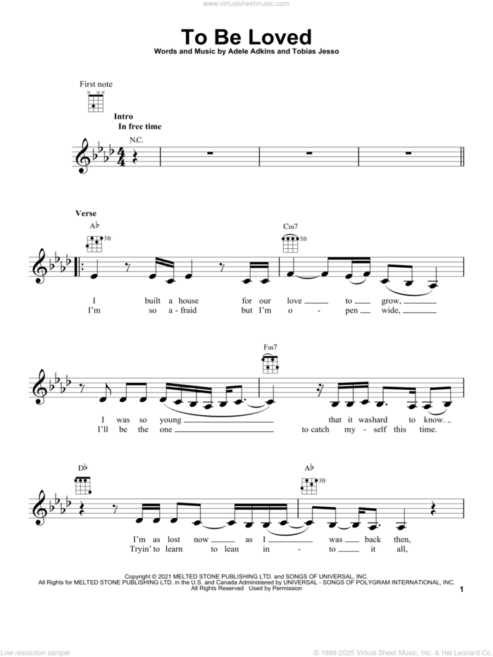 To Be Loved sheet music for ukulele by Adele, Adele Adkins and Tobias Jesso, intermediate skill level