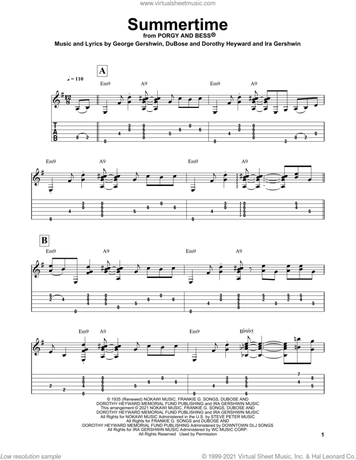 Summertime (arr. Matt Otten) sheet music for guitar solo by George Gershwin, Matt Otten, Dorothy Heyward, DuBose Heyward and Ira Gershwin, intermediate skill level