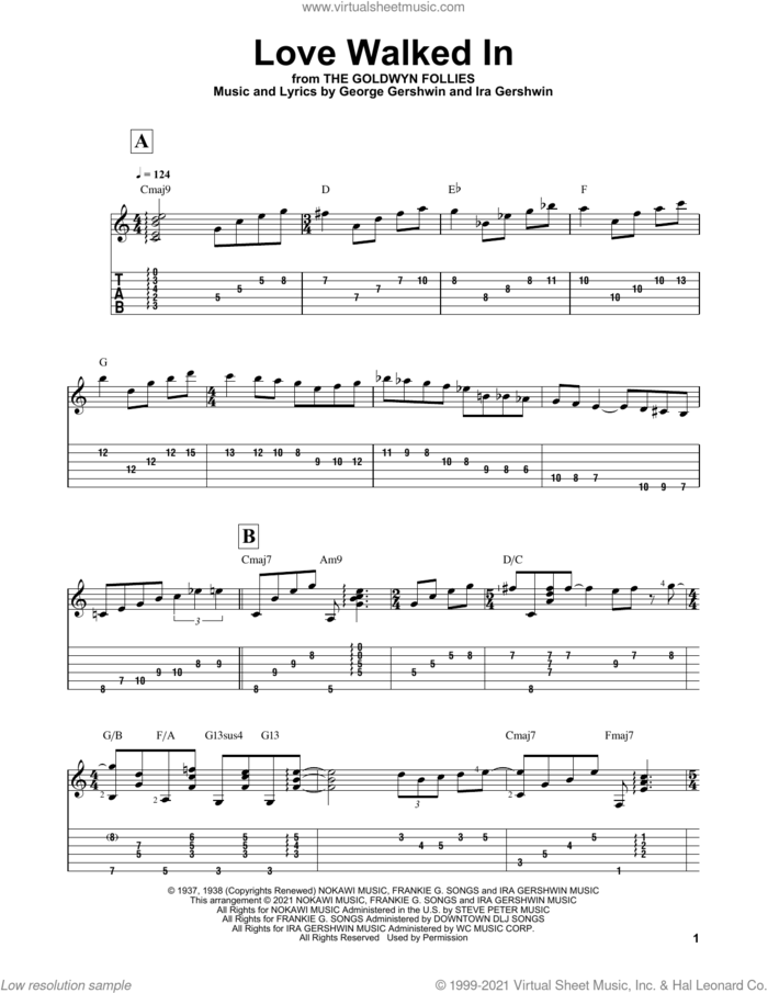 Love Walked In (arr. Matt Otten) sheet music for guitar solo by George Gershwin, Matt Otten and Ira Gershwin, intermediate skill level