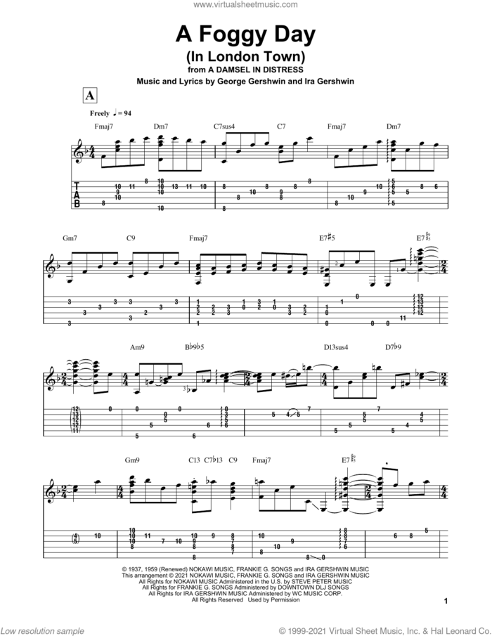 A Foggy Day (In London Town) (arr. Matt Otten) sheet music for guitar solo by George Gershwin, Matt Otten and Ira Gershwin, intermediate skill level