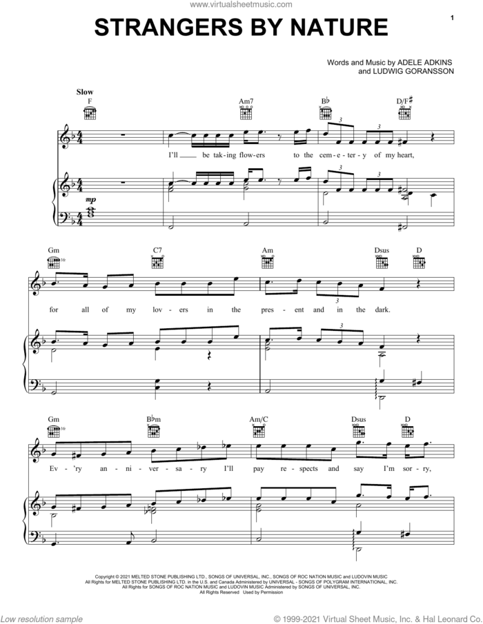 Strangers By Nature sheet music for voice, piano or guitar by Adele, Adele Adkins and Ludwig Goransson, intermediate skill level