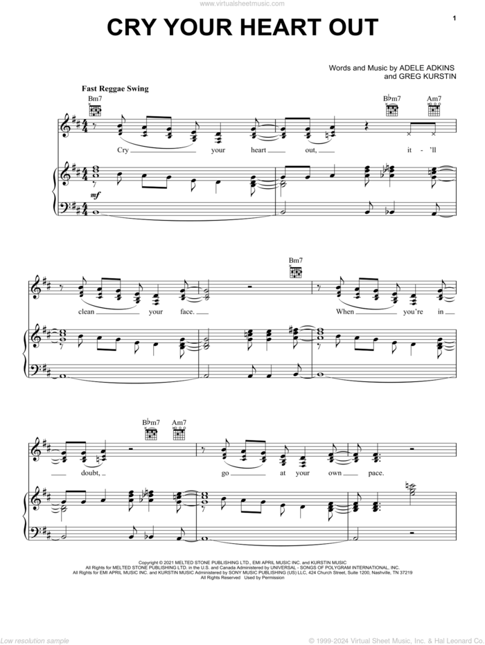 Cry Your Heart Out sheet music for voice, piano or guitar by Adele, Adele Adkins and Greg Kurstin, intermediate skill level