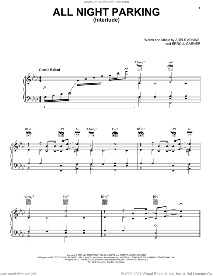 All Night Parking (Interlude) sheet music for voice, piano or guitar by Adele, Adele Adkins and Erroll Garner, intermediate skill level