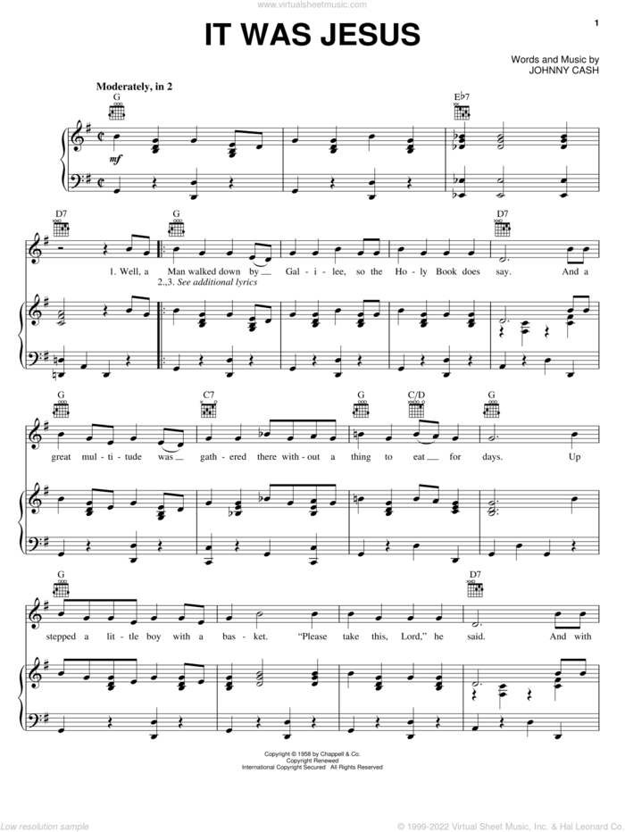 It Was Jesus sheet music for voice, piano or guitar by Johnny Cash, intermediate skill level