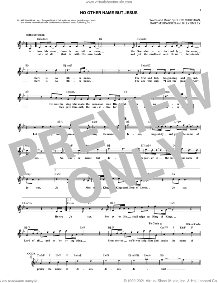 No Other Name But Jesus sheet music for voice and other instruments (fake book) by Gary McSpadden, Billy Smiley and Chris Christian, intermediate skill level