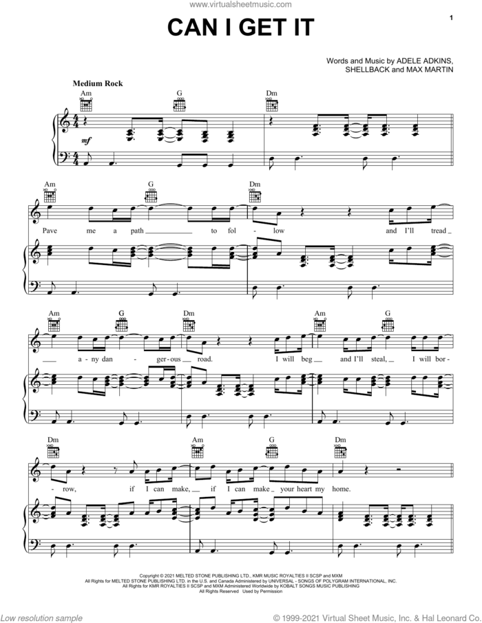 Can I Get It sheet music for voice, piano or guitar by Adele, Adele Adkins, Max Martin and Shellback, intermediate skill level
